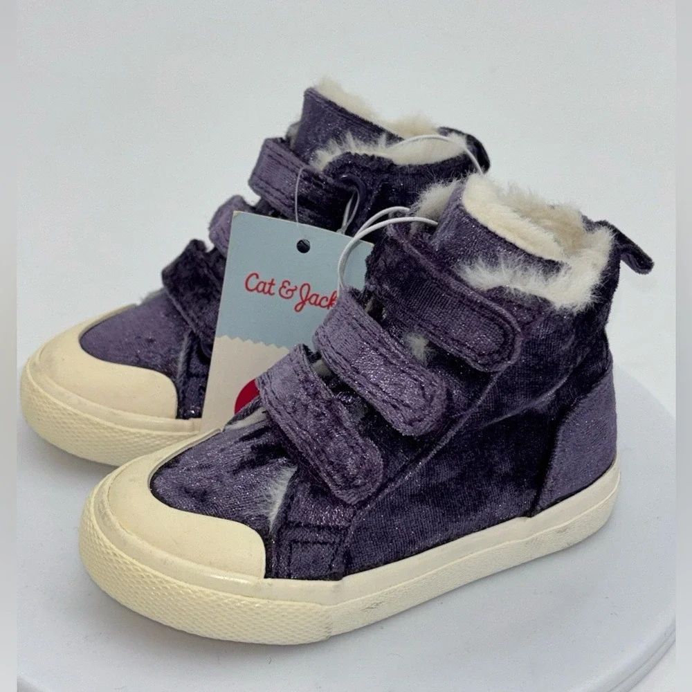 CAT & JACK Toddler Girls Velvet High Top Sneaker‎ Shoe Purple Ruby Fur Velcro 5
